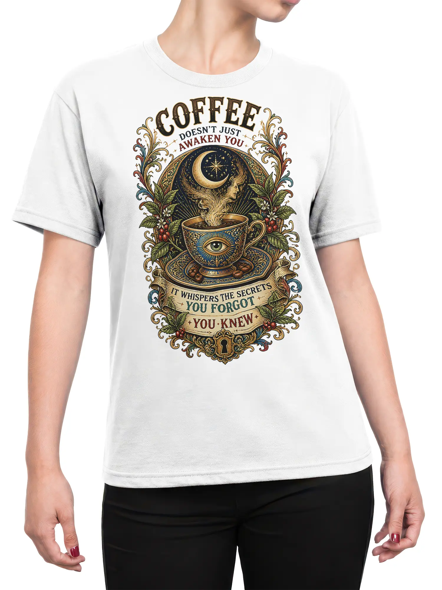 Female torso wearing a white mystical coffee T-shirt with ornate cup, eye symbol, moon, and vintage lettering