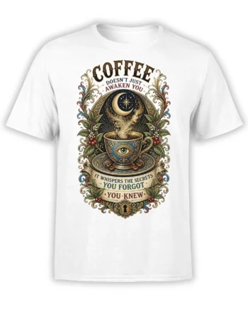 White coffee T-shirt with ornate cup, all-seeing eye, crescent moon, plants, and vintage secret message