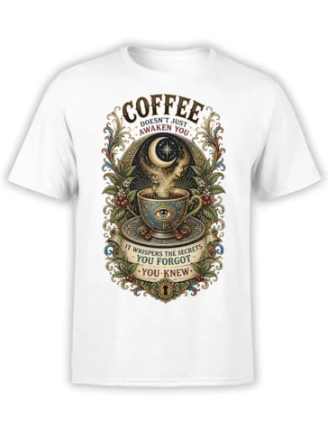 White coffee T-shirt with ornate cup, all-seeing eye, crescent moon, plants, and vintage secret message