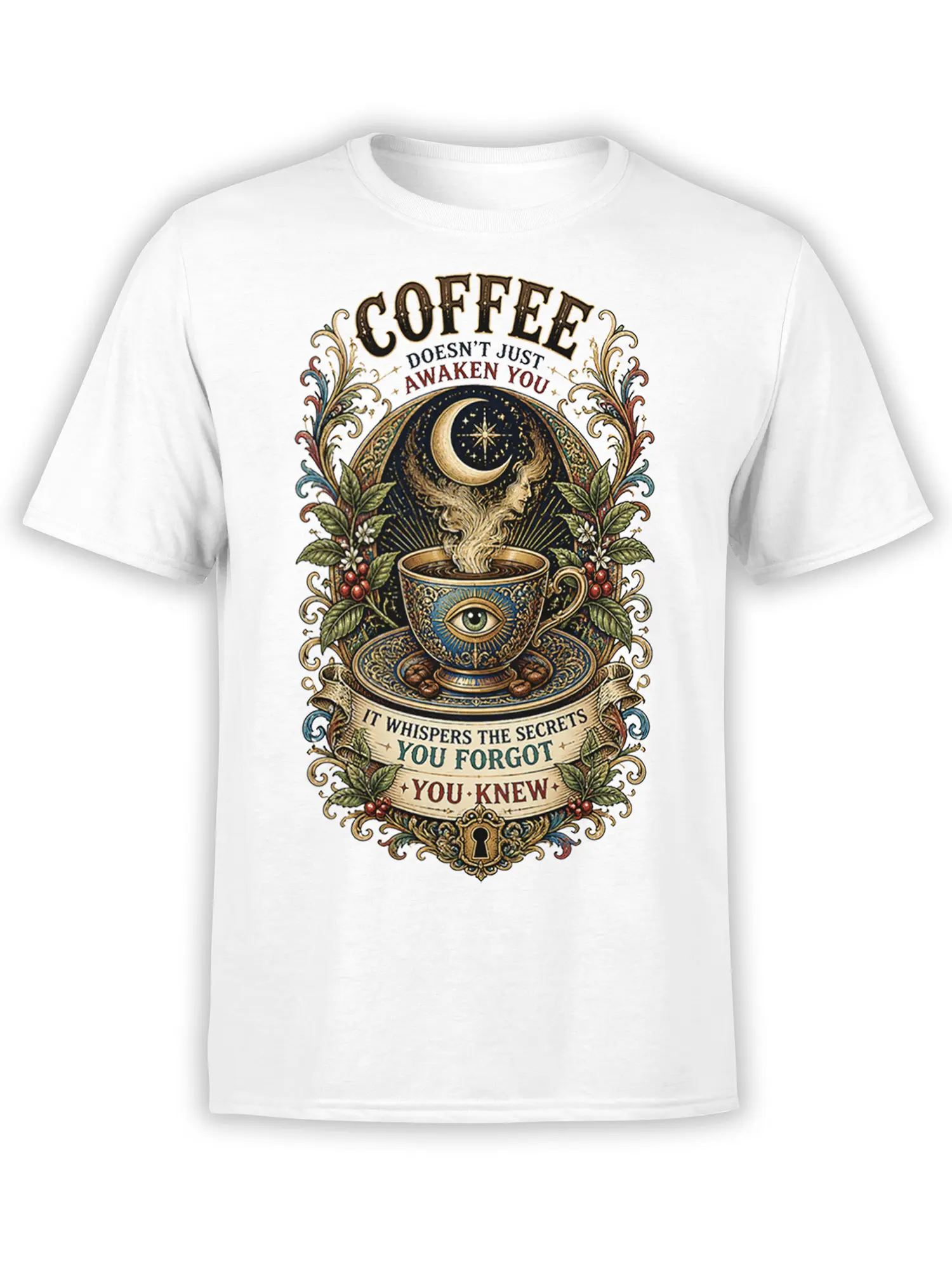 White coffee T-shirt with ornate cup, all-seeing eye, crescent moon, plants, and vintage secret message