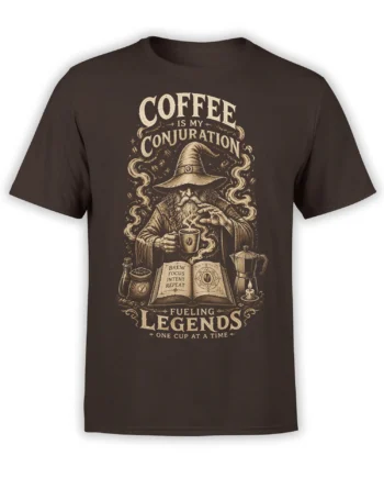Brown coffee T-shirt with a bearded wizard brewing coffee beneath the words Coffee Is My Conjuration