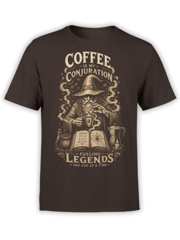 Brown coffee T-shirt with a bearded wizard brewing coffee beneath the words Coffee Is My Conjuration