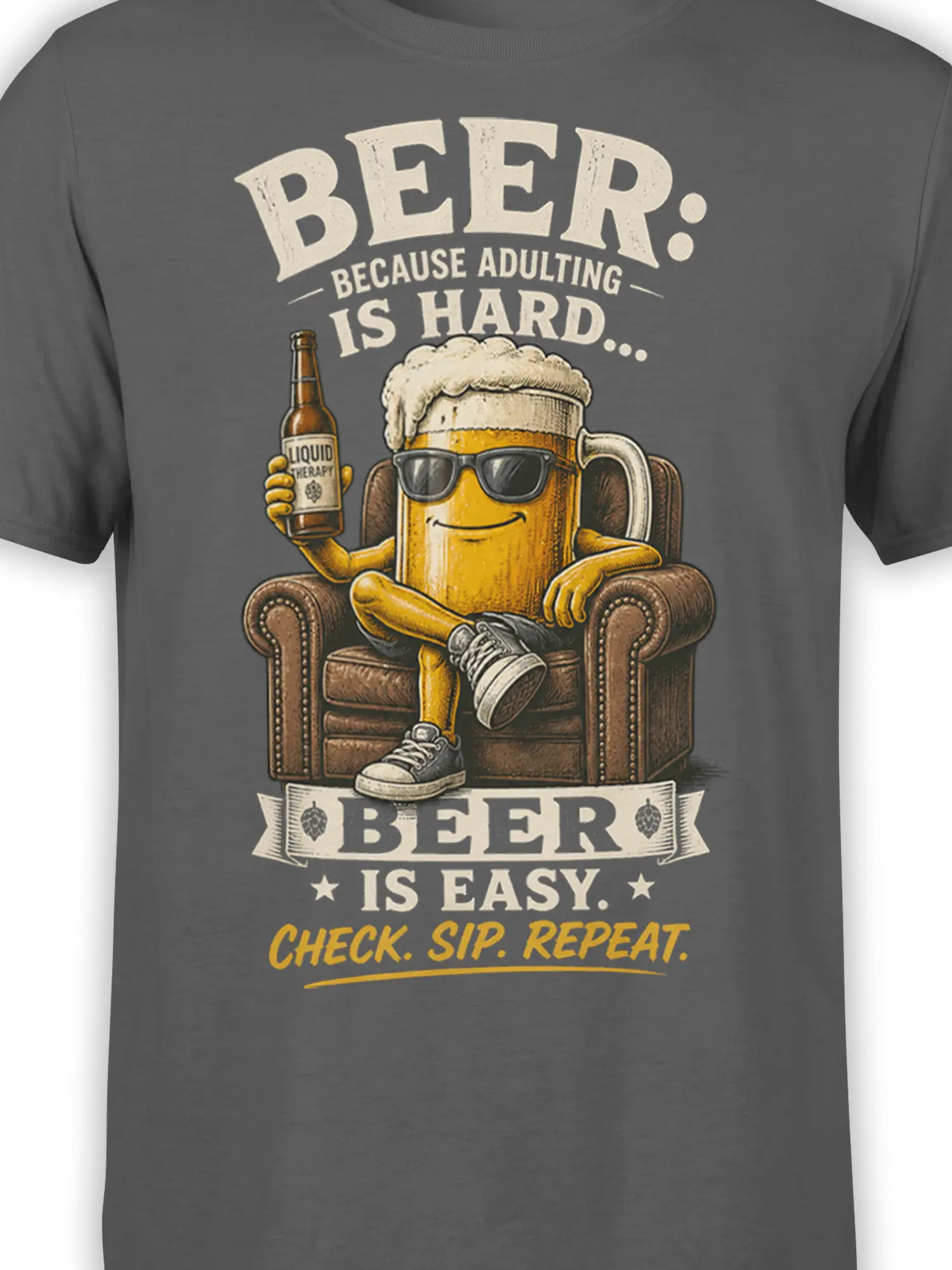Close-up of the relaxed beer graphic and vintage lettering on a gray beer t-shirt