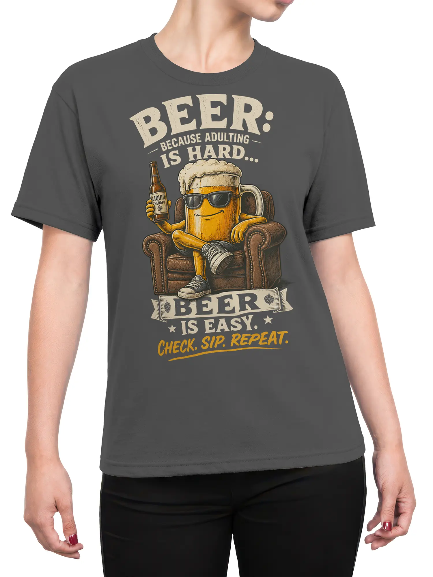 Female torso wearing a gray beer t-shirt with a sunglasses-wearing pint and liquid therapy design
