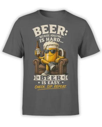 Gray beer t-shirt with a relaxed pint wearing sunglasses and holding a “Liquid Therapy” bottle