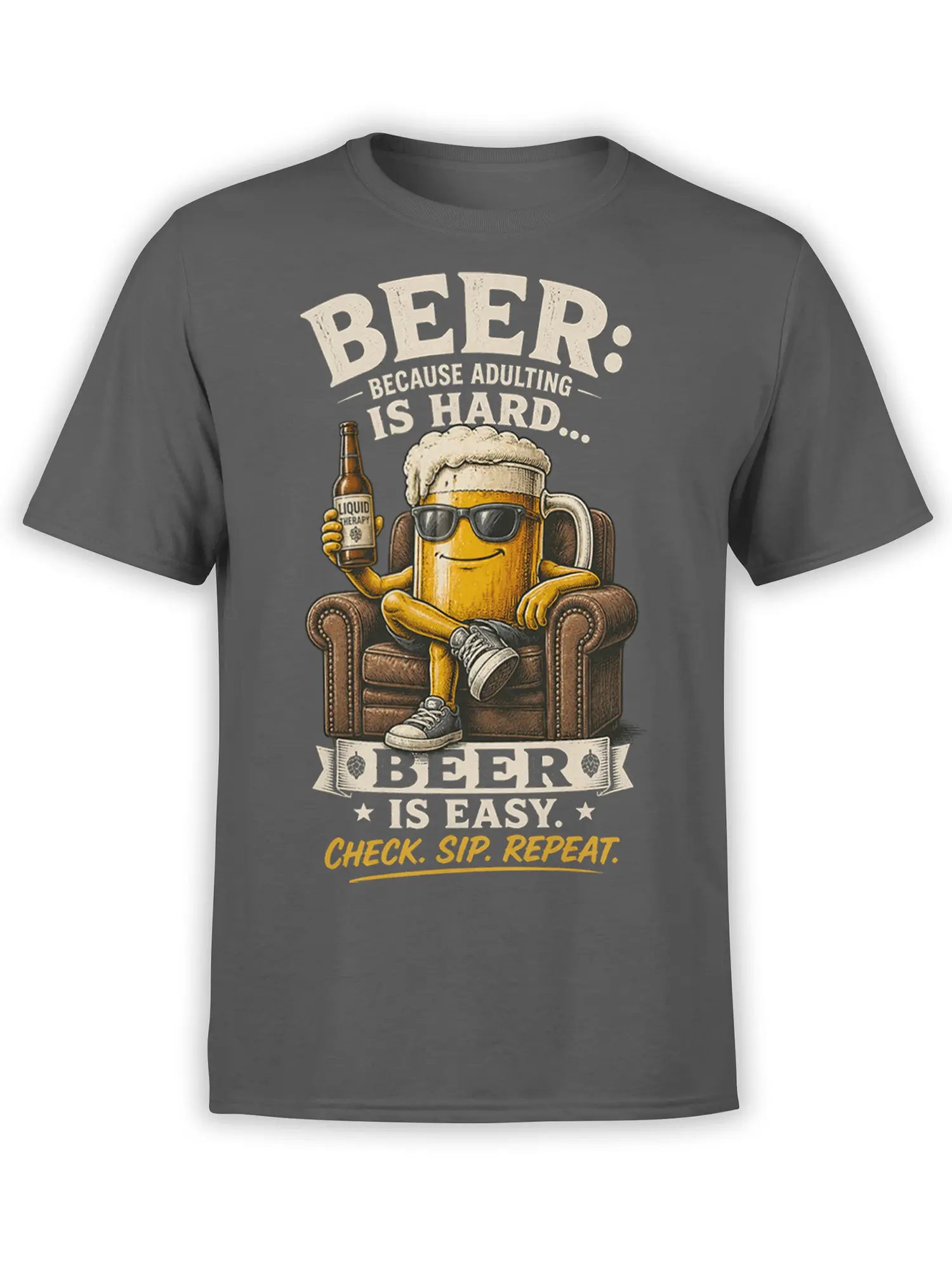 Gray beer t-shirt with a relaxed pint wearing sunglasses and holding a “Liquid Therapy” bottle
