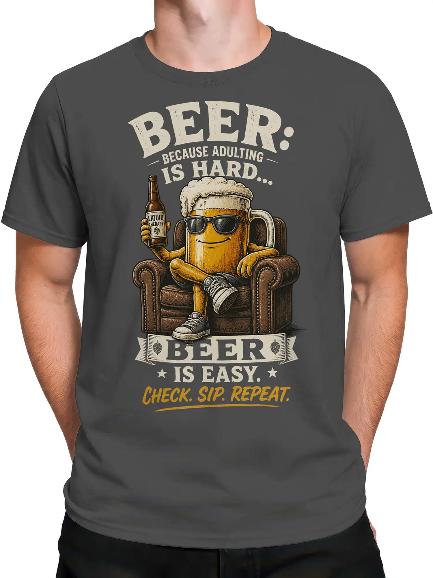 Male torso wearing a gray beer t-shirt with a vintage relaxed pint graphic and humorous lettering