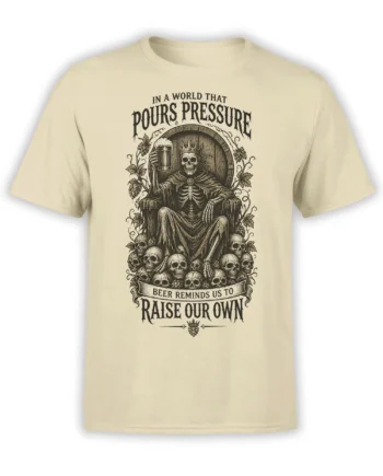 Crowned skeleton king raising a beer on a throne with skulls and hops on a beige shirt