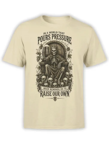 Crowned skeleton king raising a beer on a throne with skulls and hops on a beige shirt