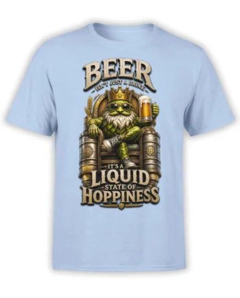 Light blue beer T-shirt with crowned green beer king, full mug, throne, and liquid state of hoppiness lettering