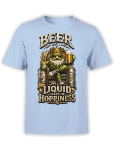 Light blue beer T-shirt with crowned green beer king, full mug, throne, and liquid state of hoppiness lettering
