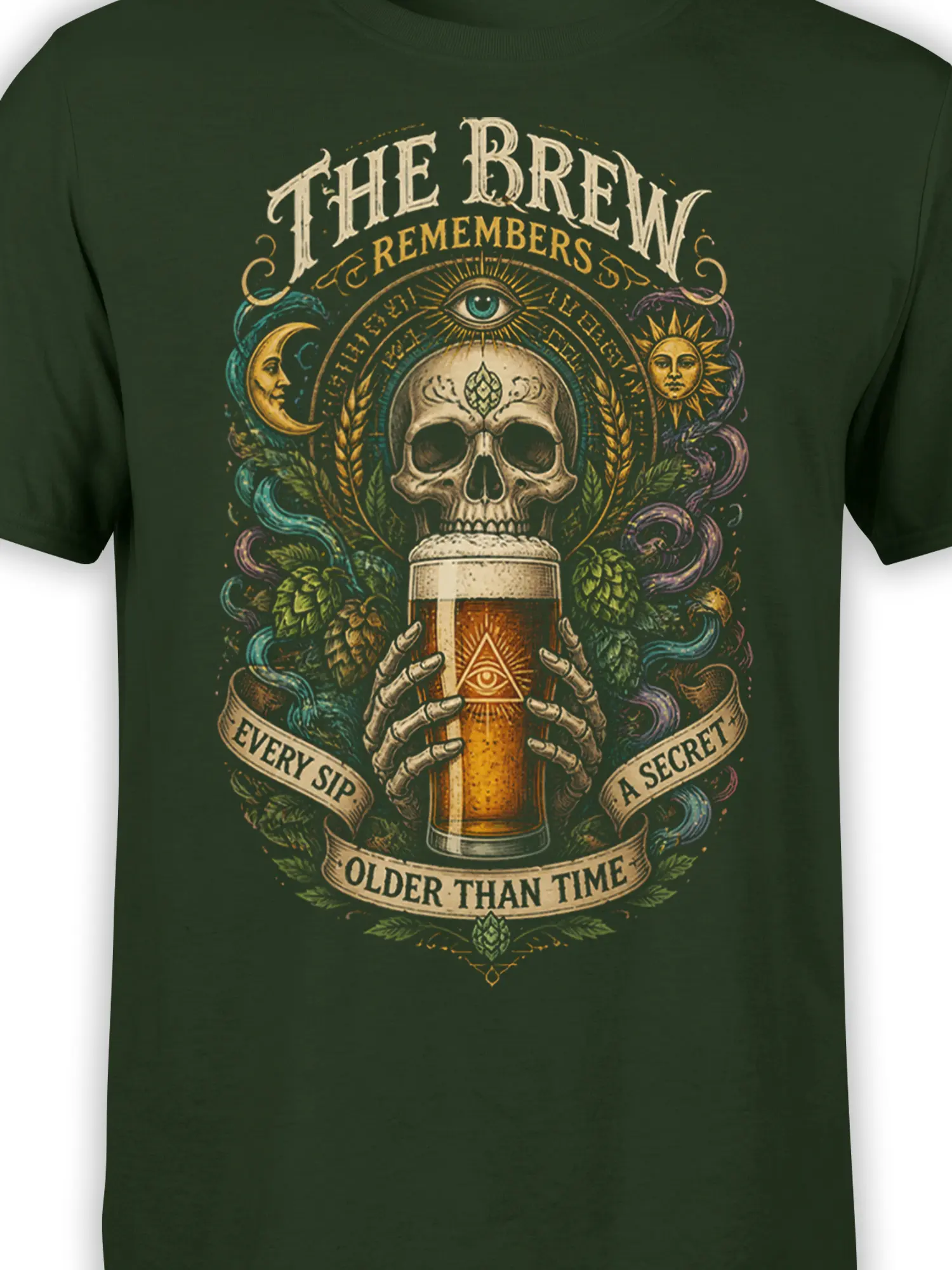 Close-up of skull, pint glass, hops, and celestial symbols in the Ancient Brew design