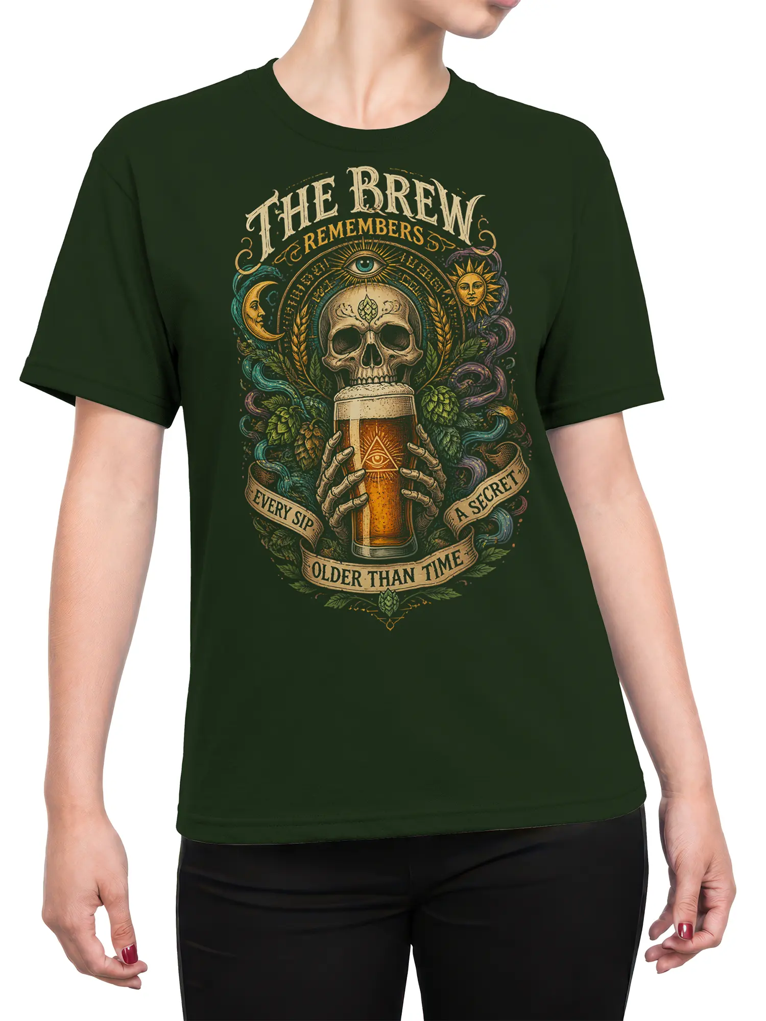 Female torso wearing a dark green skull and pint beer graphic T-shirt with vintage lettering