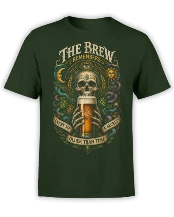 Vintage skull holding a pint beer graphic with hops and celestial symbols on a dark green T-shirt
