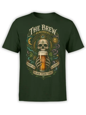 Vintage skull holding a pint beer graphic with hops and celestial symbols on a dark green T-shirt