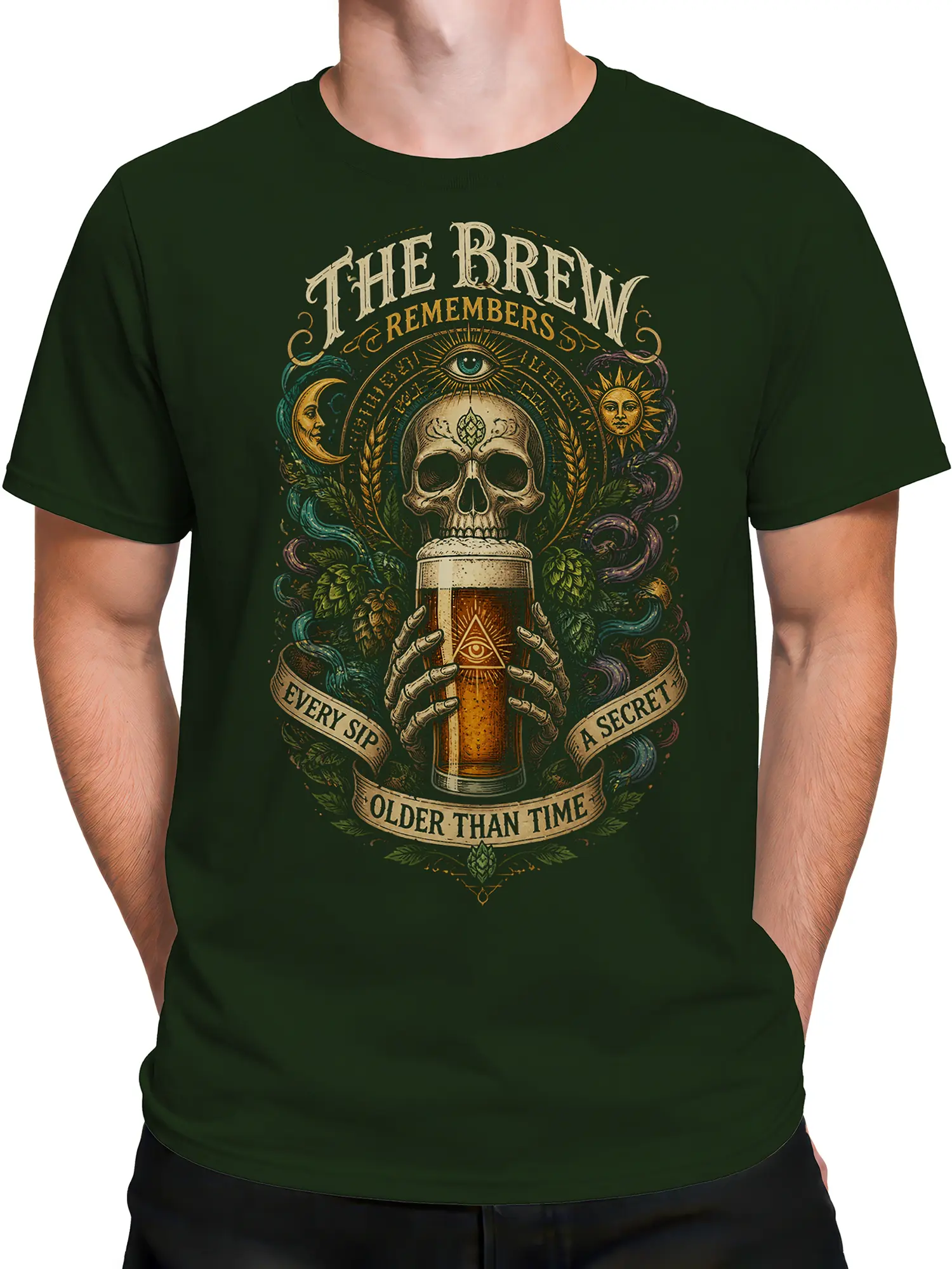 Male torso wearing a dark green vintage skull beer graphic T-shirt with hops