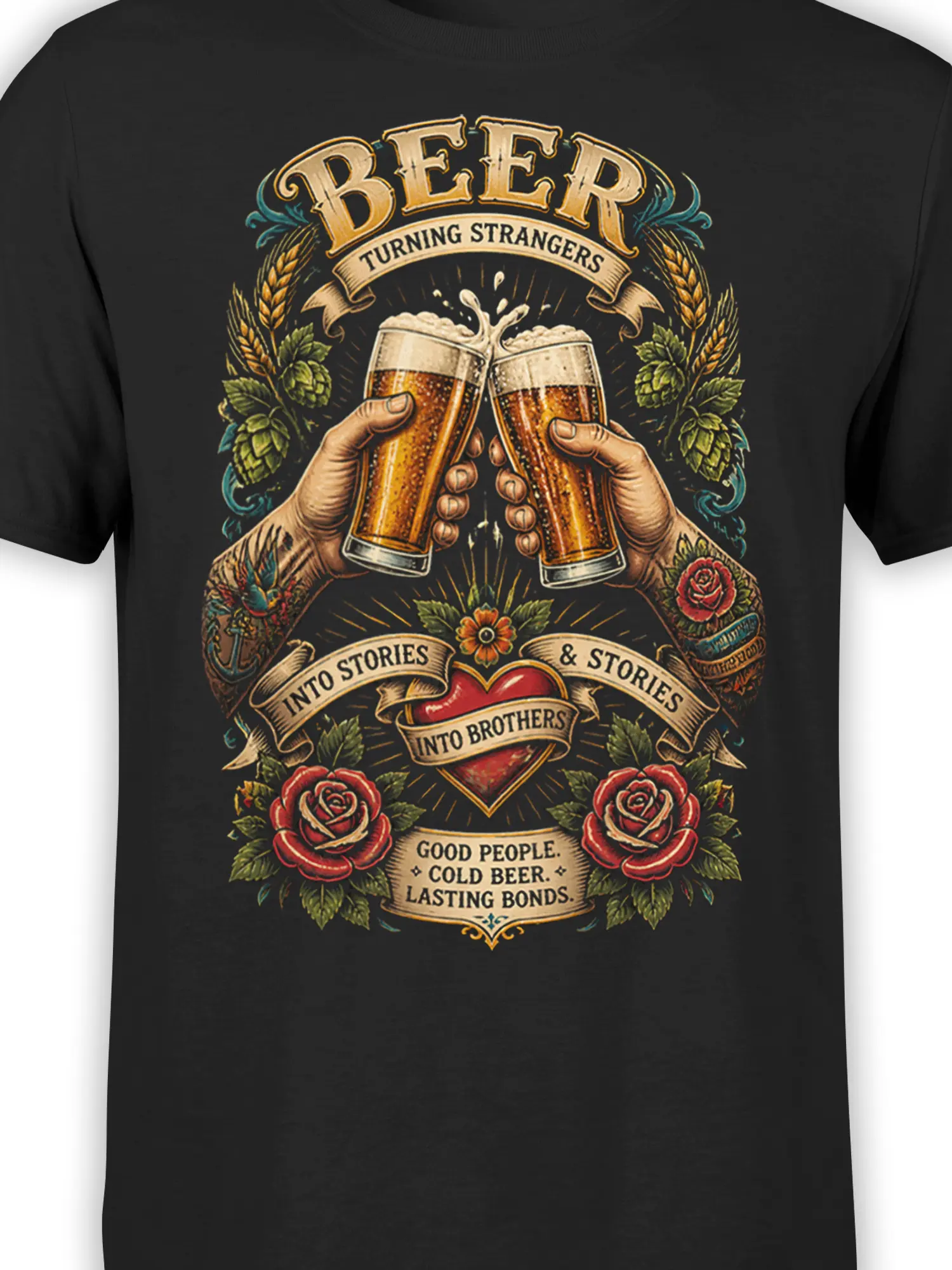 Close-up of vintage beer artwork with amber glasses, roses, heart, hops, and decorative lettering on black fabric