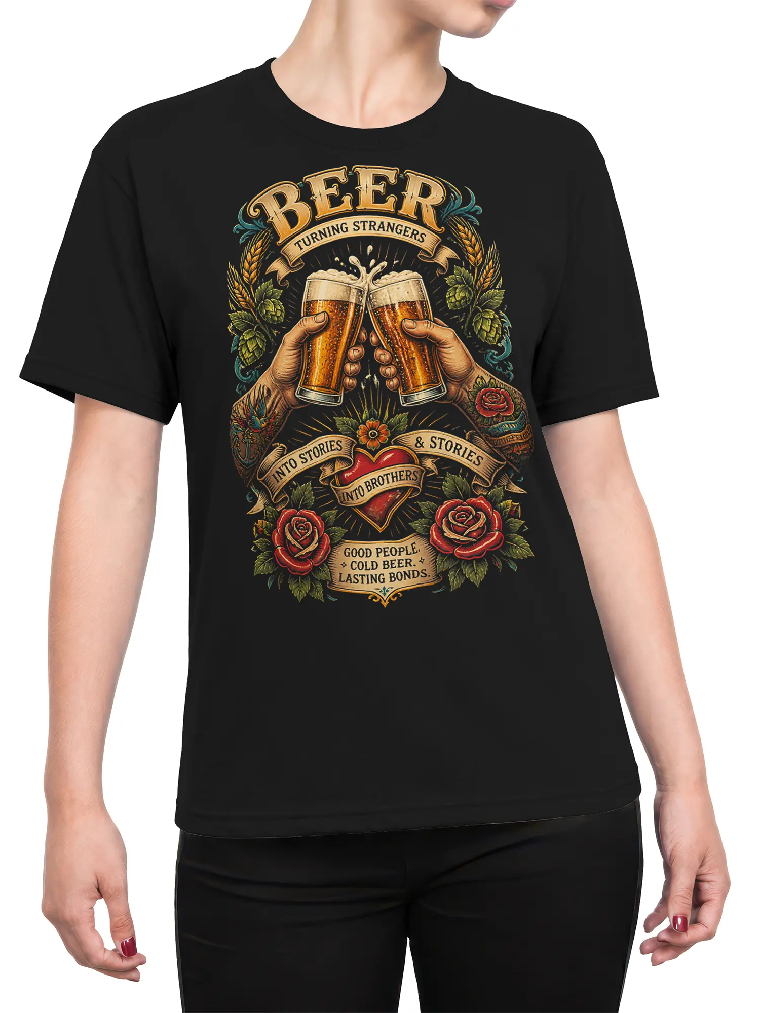 Female torso wearing a black beer T-shirt with raised glasses, roses, heart, and friendship lettering