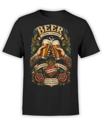 Black beer T-shirt with raised glasses, roses, heart, and vintage brotherhood lettering