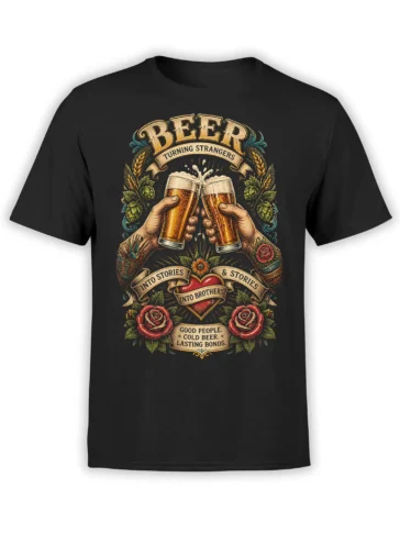 Black beer T-shirt with raised glasses, roses, heart, and vintage brotherhood lettering