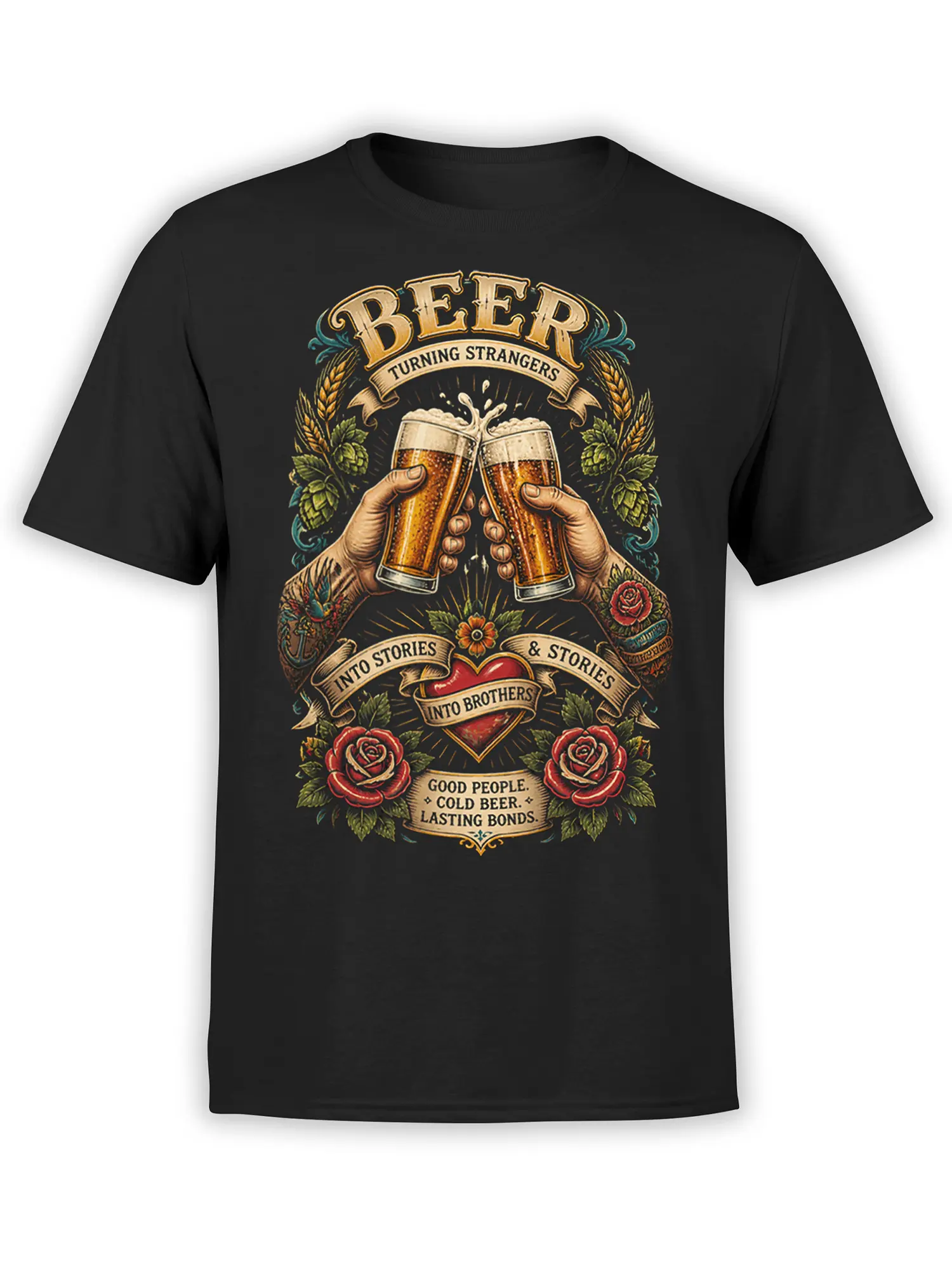 Black beer T-shirt with raised glasses, roses, heart, and vintage brotherhood lettering