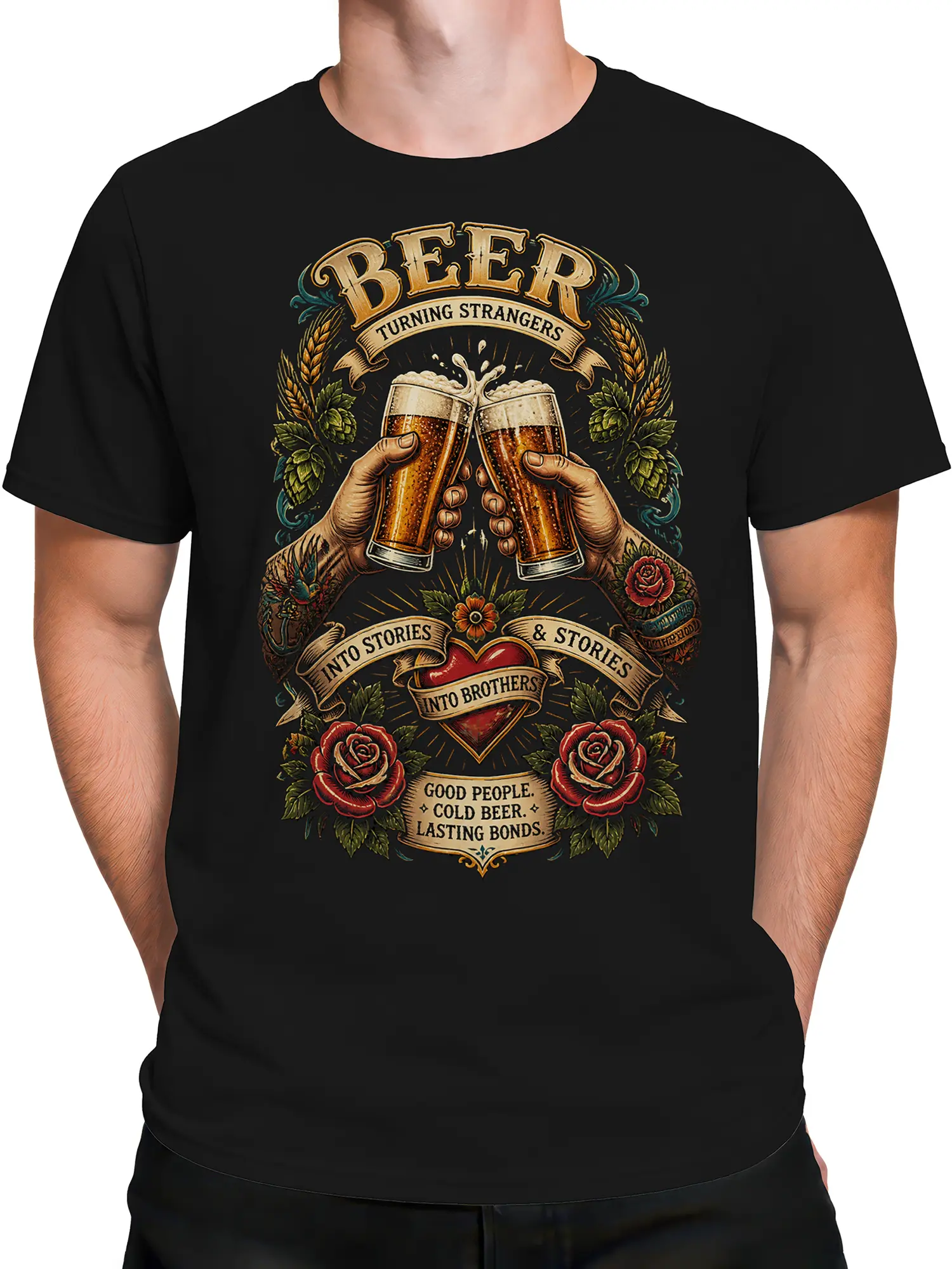 Male torso wearing a black beer T-shirt with vintage raised glasses and brotherhood artwork