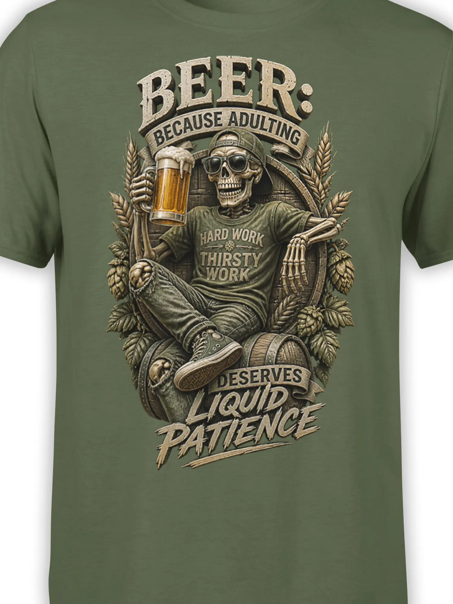 Close-up of the skeleton beer artwork and Liquid Patience lettering on a green T-shirt