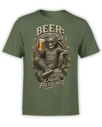 Green beer T-shirt with a skeleton in sunglasses holding a beer glass among hops and barrels