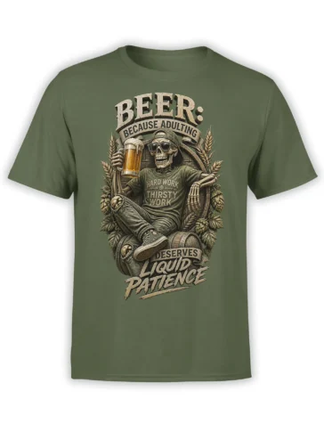 Green beer T-shirt with a skeleton in sunglasses holding a beer glass among hops and barrels