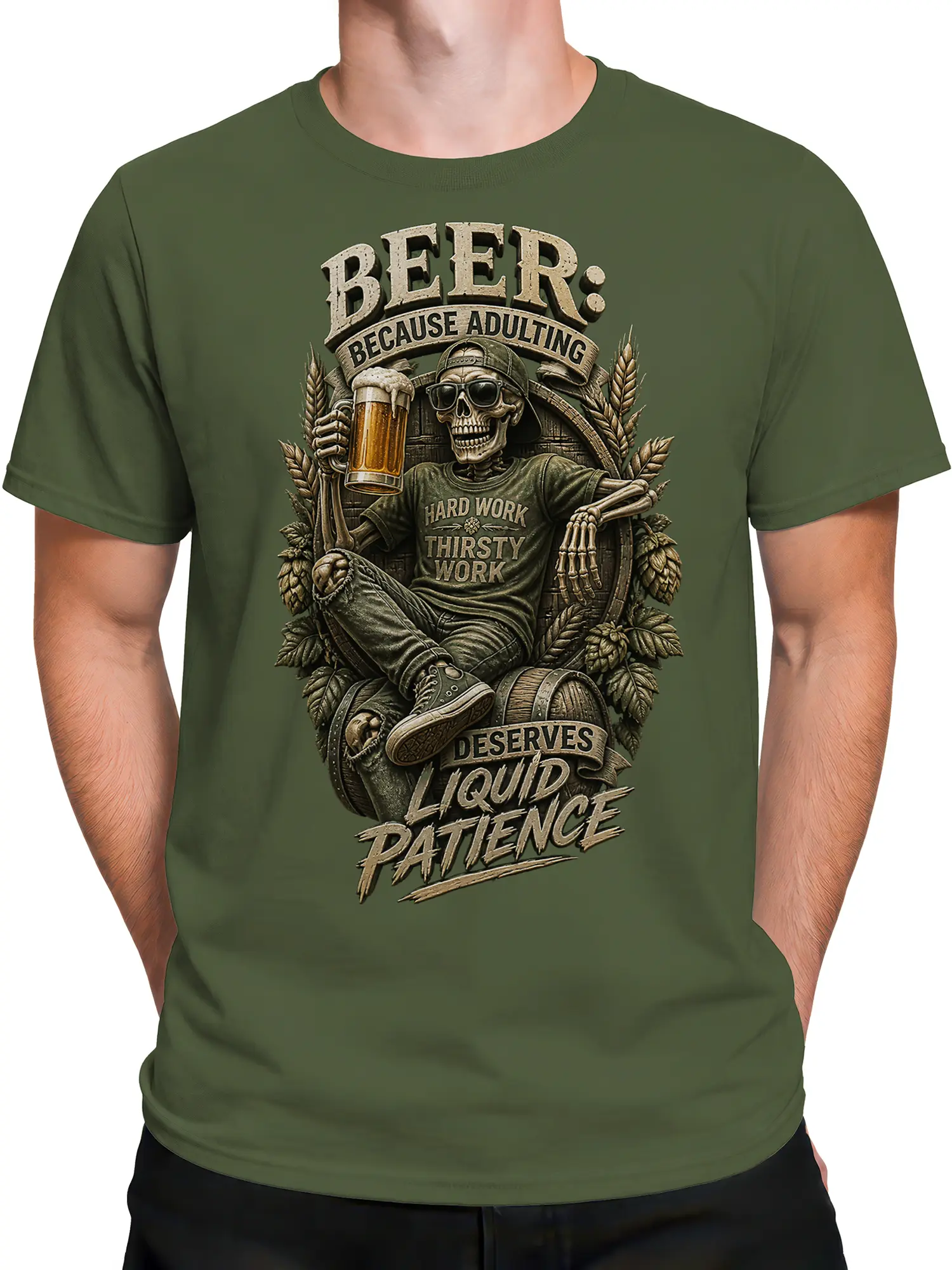 Male torso wearing a green skeleton beer T-shirt with Liquid Patience artwork