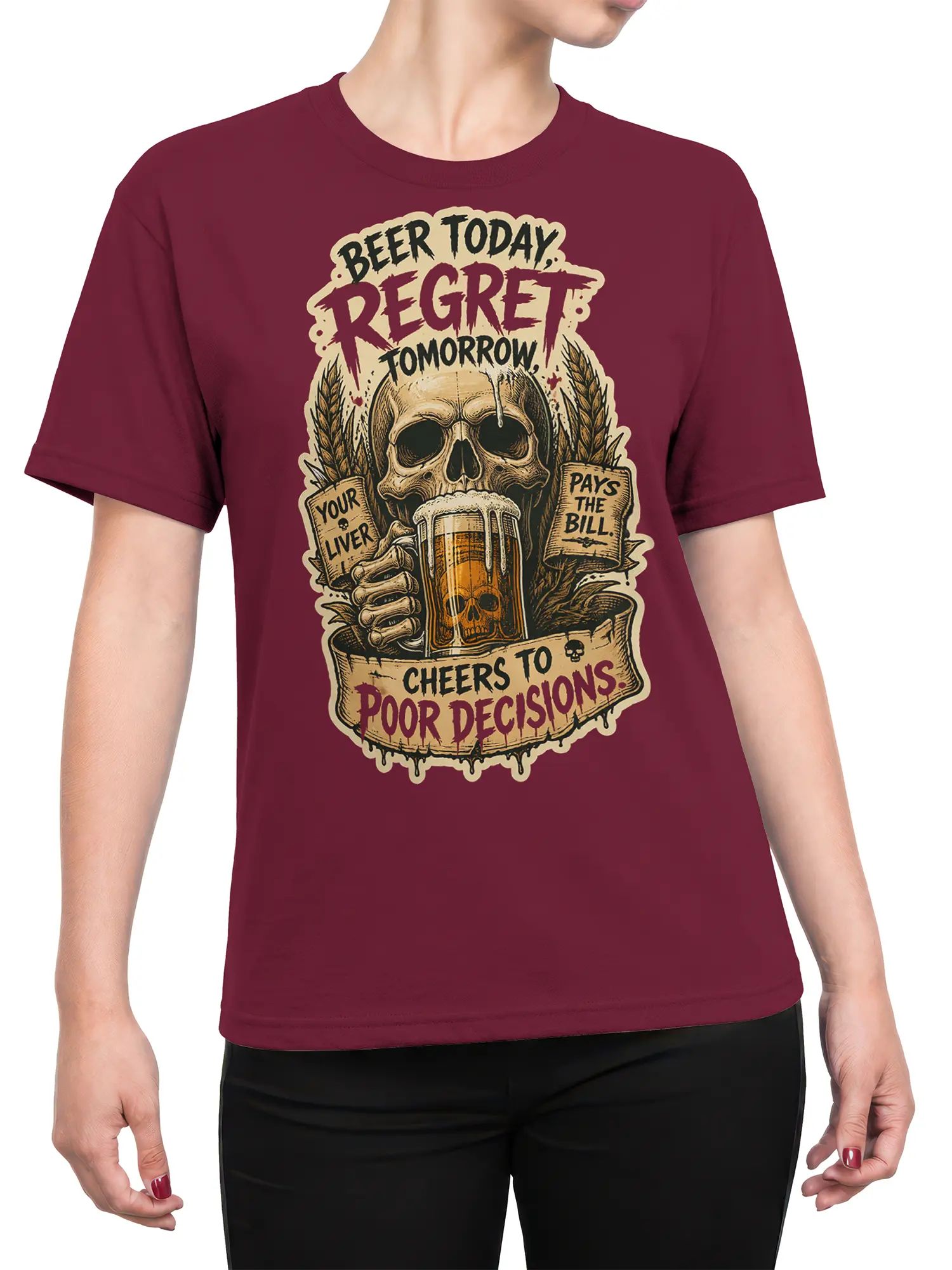 Female torso wearing a burgundy T-shirt with a vintage skull beer graphic and humorous poor decisions lettering