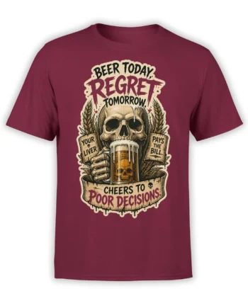 Burgundy beer T-shirt with a skull holding a foaming pint and the words Beer Today Regret Tomorrow