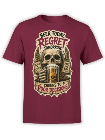 Burgundy beer T-shirt with a skull holding a foaming pint and the words Beer Today Regret Tomorrow