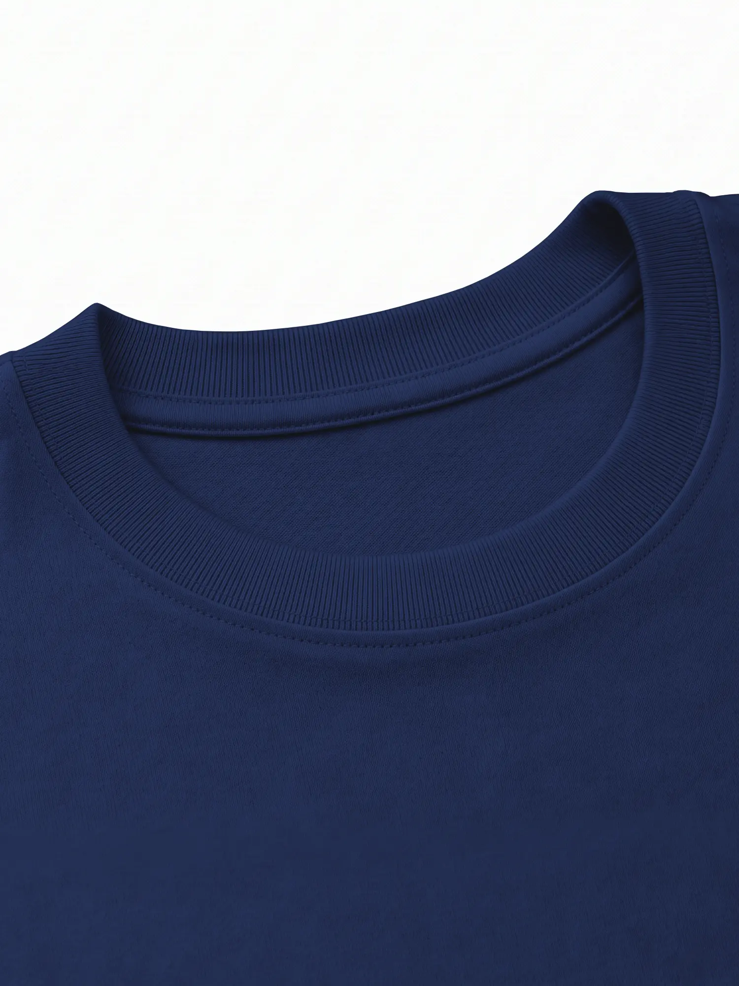 Navy T-shirt collar and soft cotton fabric shown in a close-up product detail