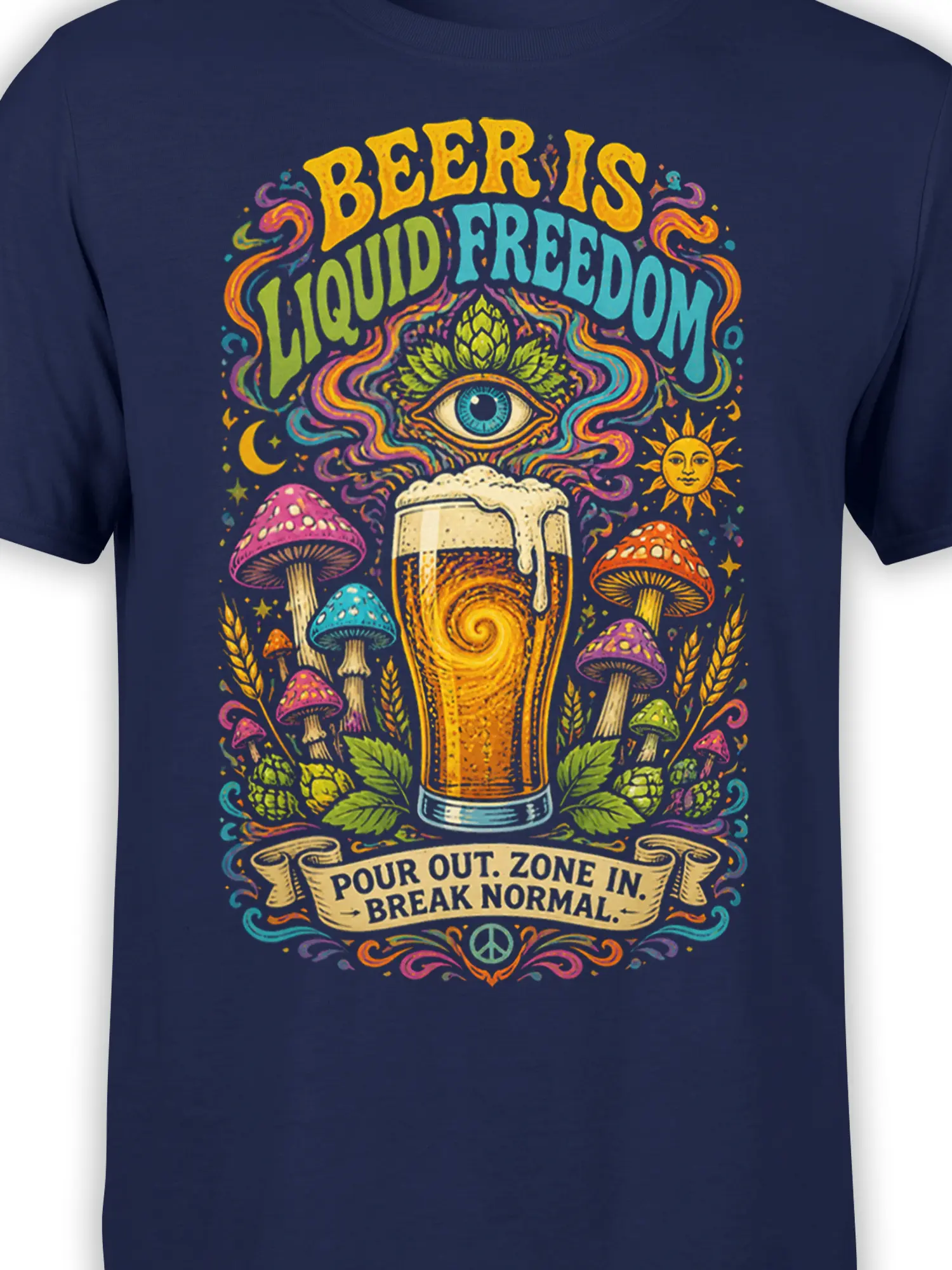 Close-up of the navy shirt design showing a foaming beer glass, colorful mushrooms, hops, and a mystical eye