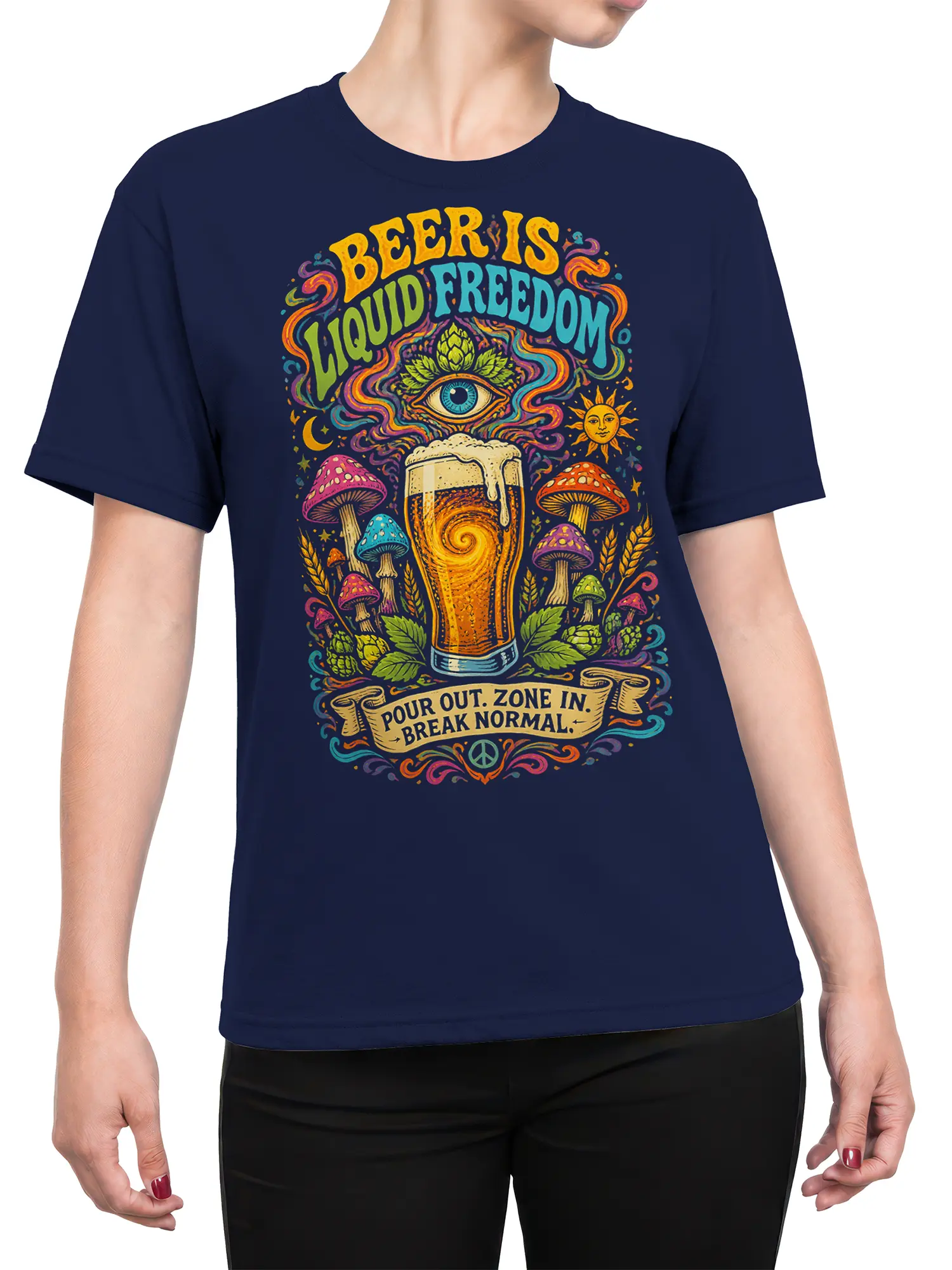 Female torso wearing a navy beer T-shirt with colorful mushrooms, hops, mystical symbols, and freedom-themed lettering