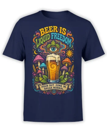 Colorful beer graphic on a navy T-shirt with mushrooms, hops, mystical eye, and “Beer Is Liquid Freedom” lettering