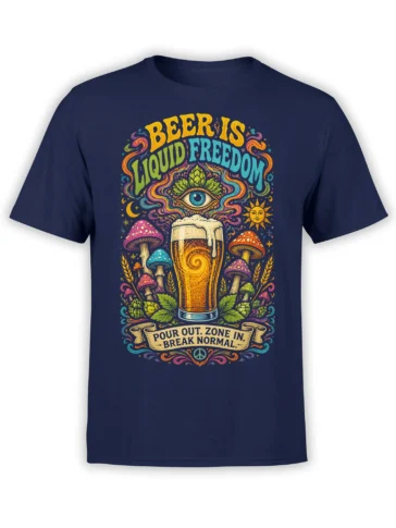 Colorful beer graphic on a navy T-shirt with mushrooms, hops, mystical eye, and “Beer Is Liquid Freedom” lettering