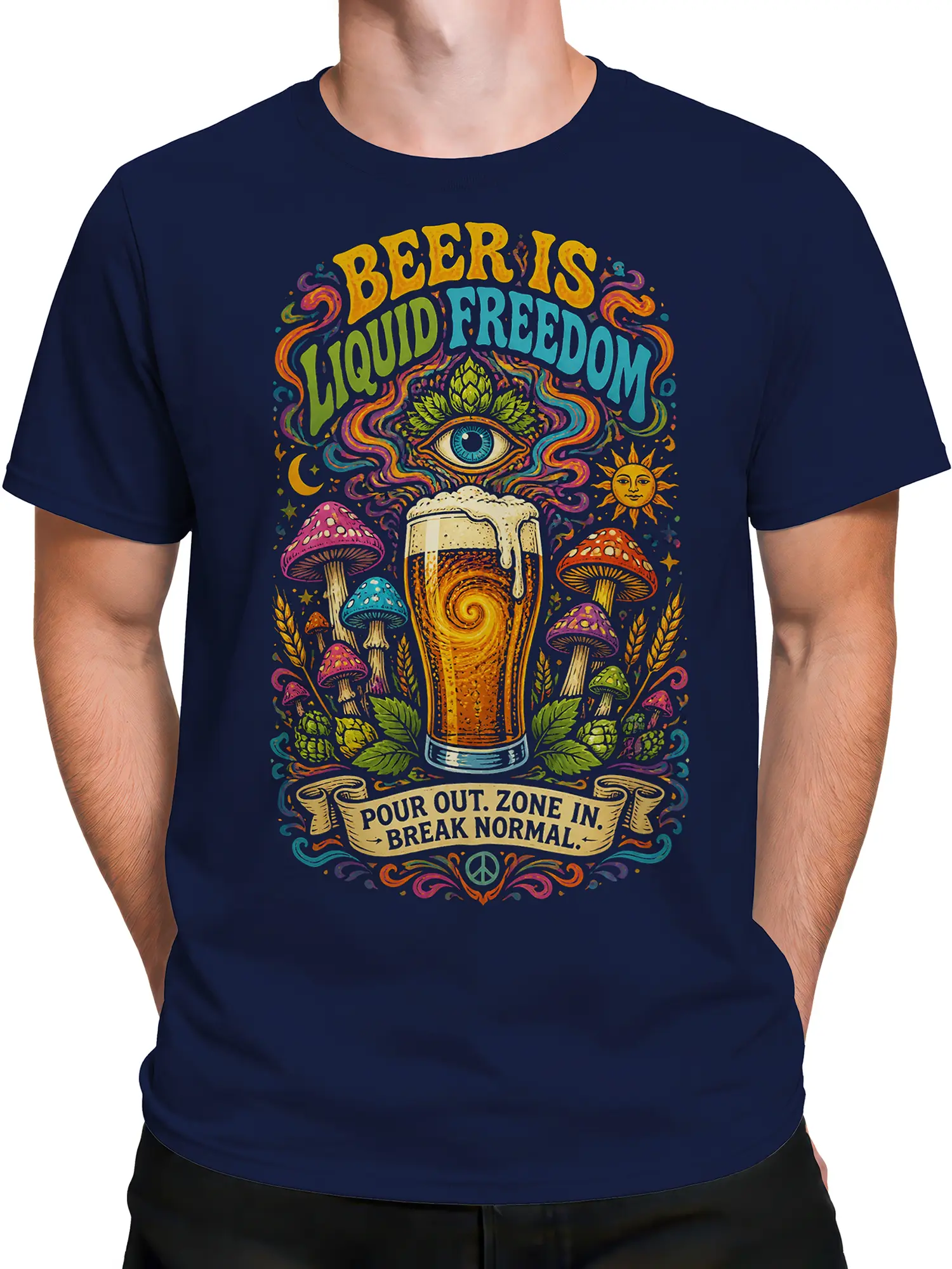 Male torso wearing a navy beer graphic T-shirt with a foaming pint, mushrooms, hops, and mystical artwork