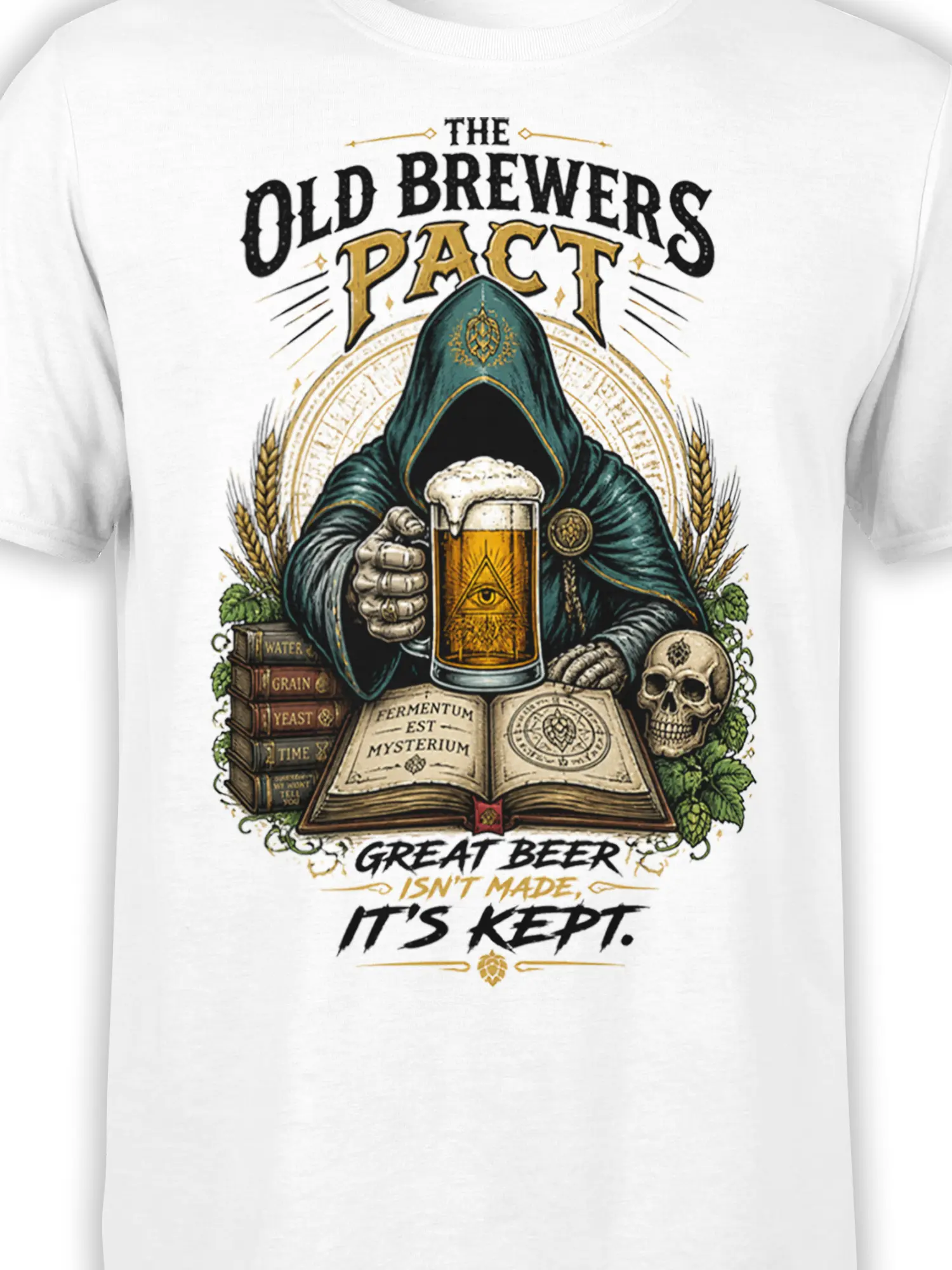Close-up of hooded brewer beer artwork with golden pint, vintage symbols, brewing books, hops, and skull