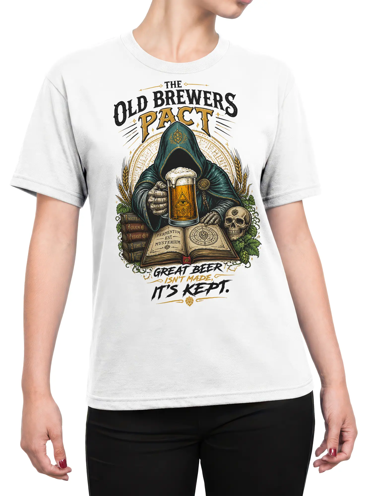 Female torso wearing a white Brewer's Pact T-shirt with hooded brewer, beer pint, books, hops, wheat, and skull