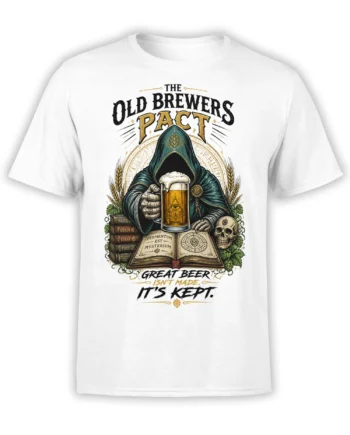 White beer T-shirt with hooded brewer, foaming pint, brewing books, hops, wheat, and skull