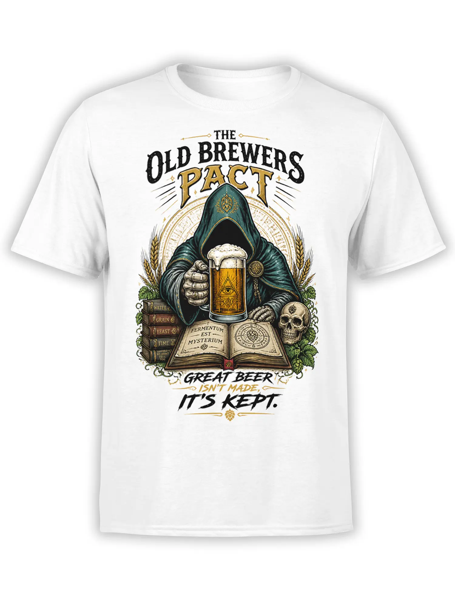 White beer T-shirt with hooded brewer, foaming pint, brewing books, hops, wheat, and skull