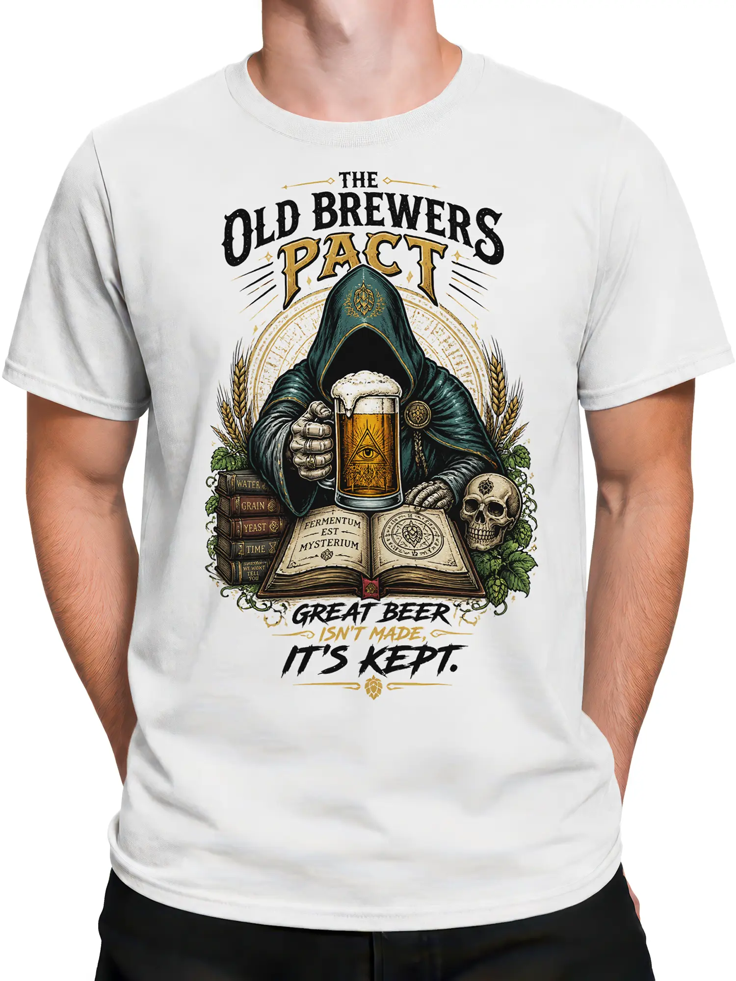Male torso wearing a white beer graphic tee with hooded brewer, golden pint, books, hops, wheat, and skull