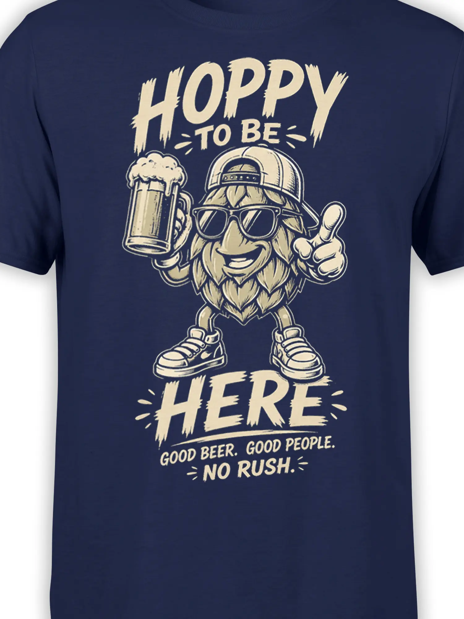 Close-up of bearded beer character in sunglasses holding a frothy mug on a navy graphic T-shirt