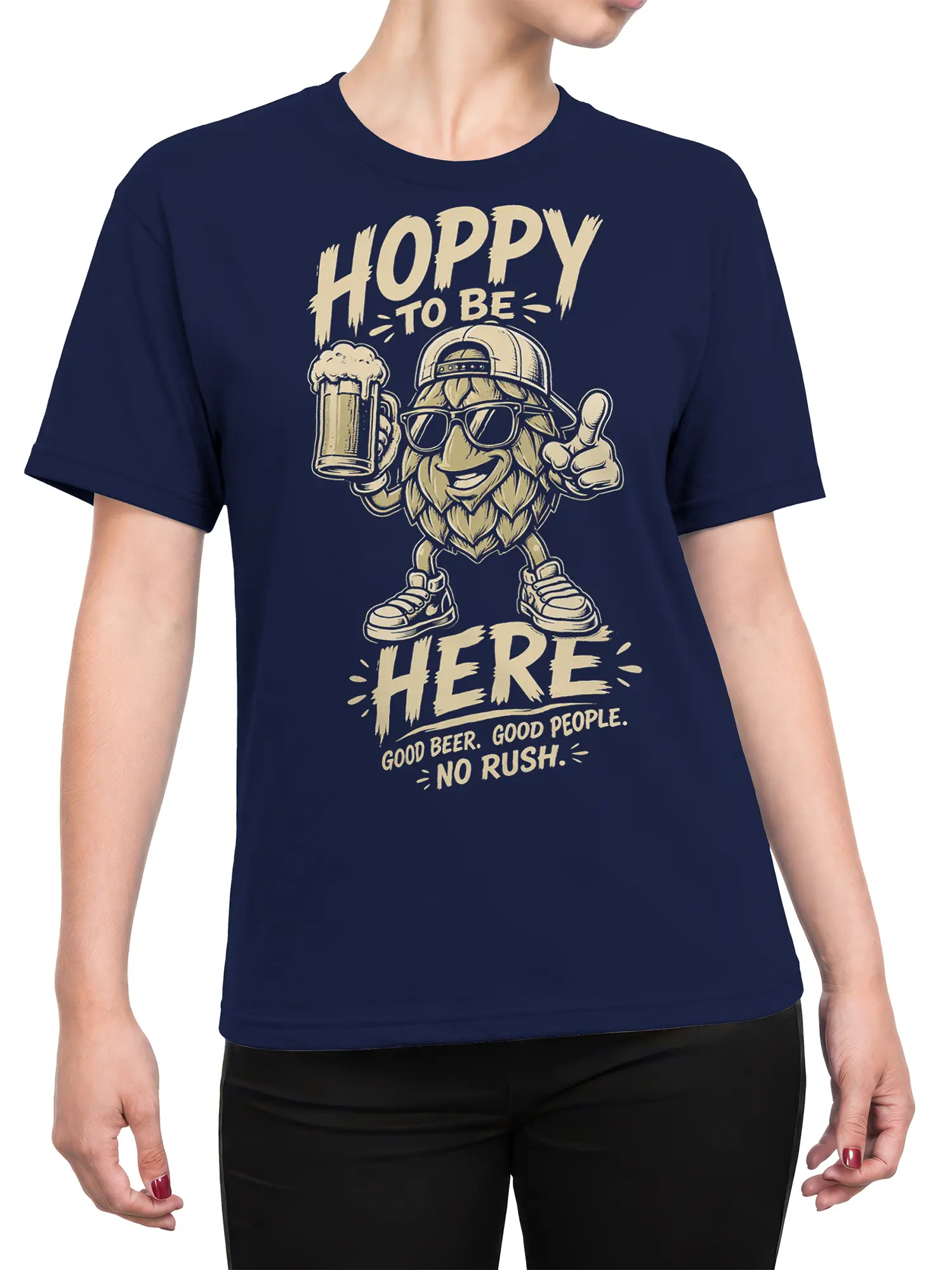 Female torso wearing a navy beer T-shirt with a bearded character, frothy mug, sunglasses, and cream print