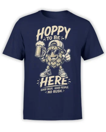 Hoppy beer graphic tee with a bearded character, sunglasses, frothy mug, and cream lettering on navy