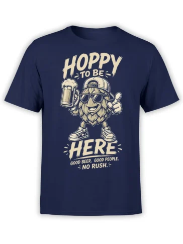 Hoppy beer graphic tee with a bearded character, sunglasses, frothy mug, and cream lettering on navy