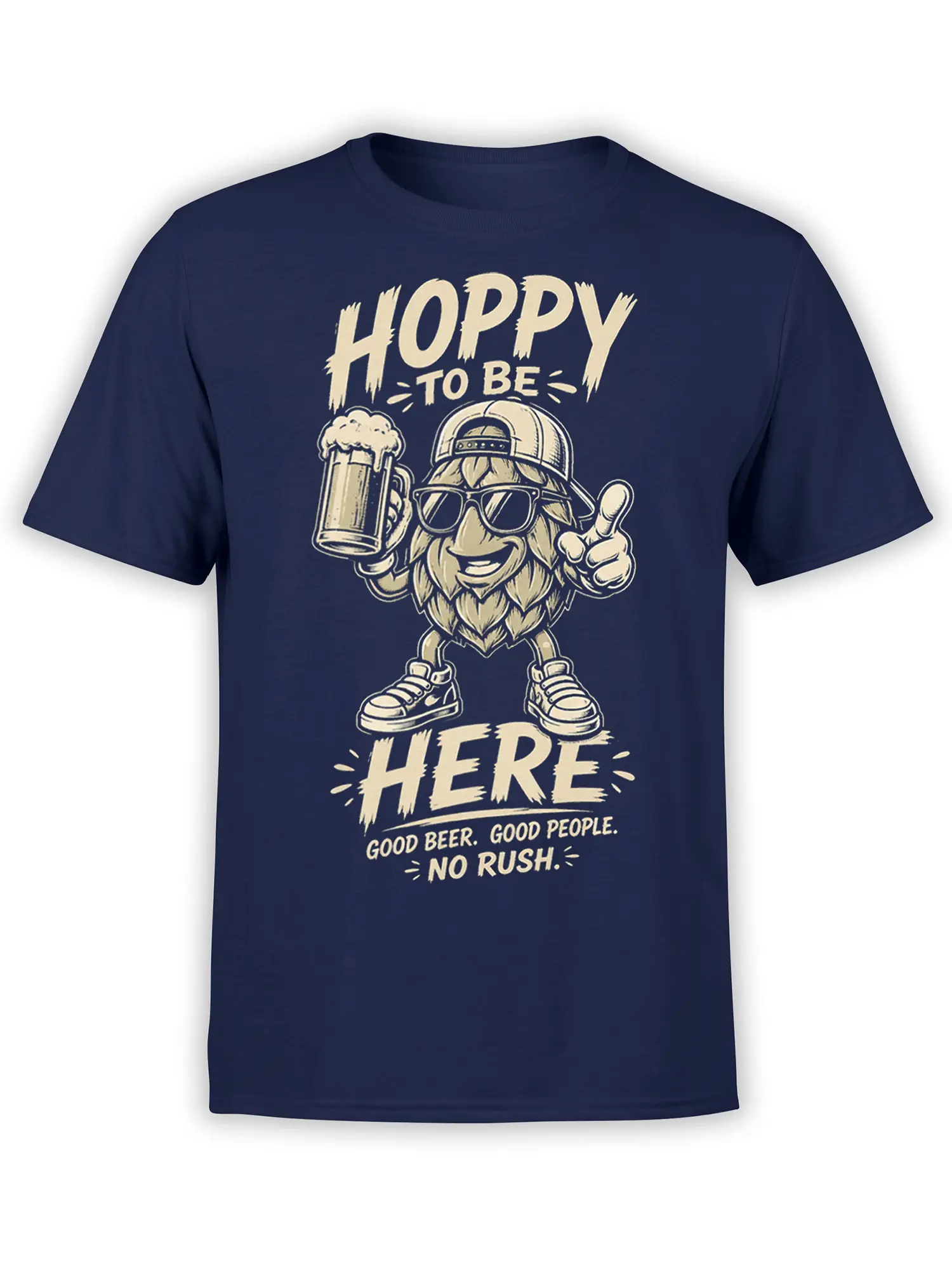 Hoppy beer graphic tee with a bearded character, sunglasses, frothy mug, and cream lettering on navy