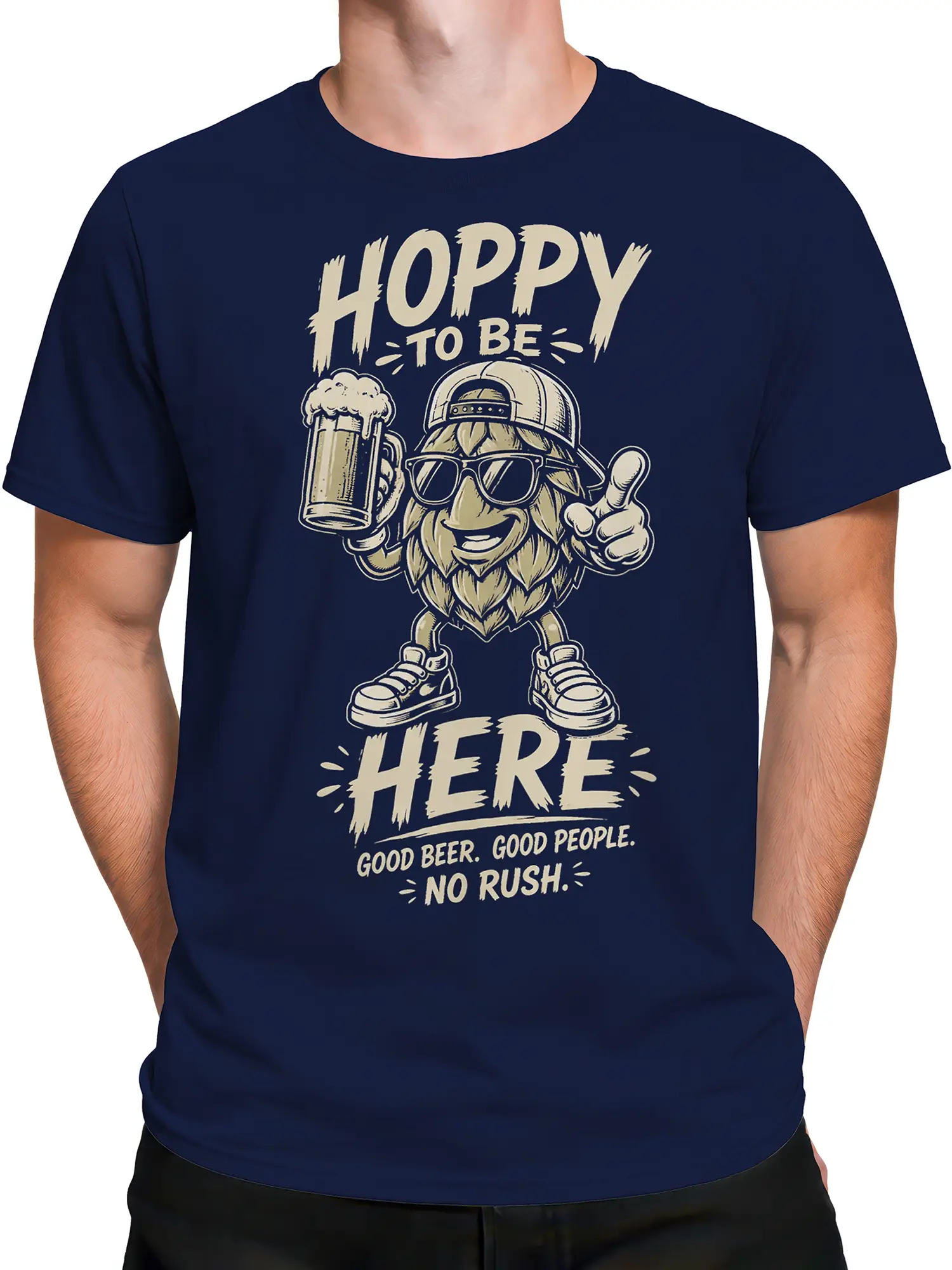 Male torso wearing a navy beer graphic tee with a bearded character, mug, sunglasses, and cream text